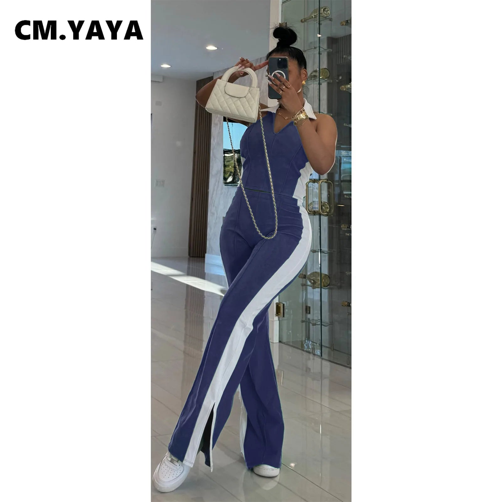 CM.YAYA Sporty Patchwork Women's Set Sleeveless Polo-tank Tops and Slit Flare Pants 2025 Active Two 2 Piece Set Outfit Tracksuit