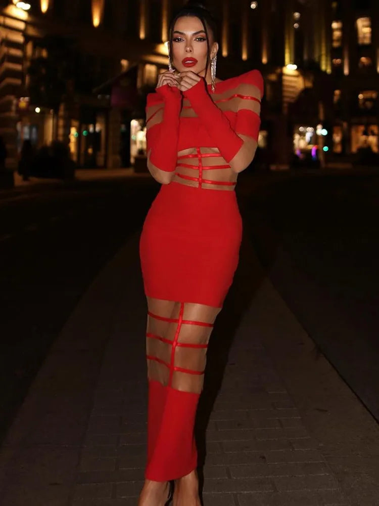 Autumn Sexy Long Sleeve Black Red White Ankle Length Mesh Women Celebrity Dress 2024 Elegant Party Evening Club Vestido