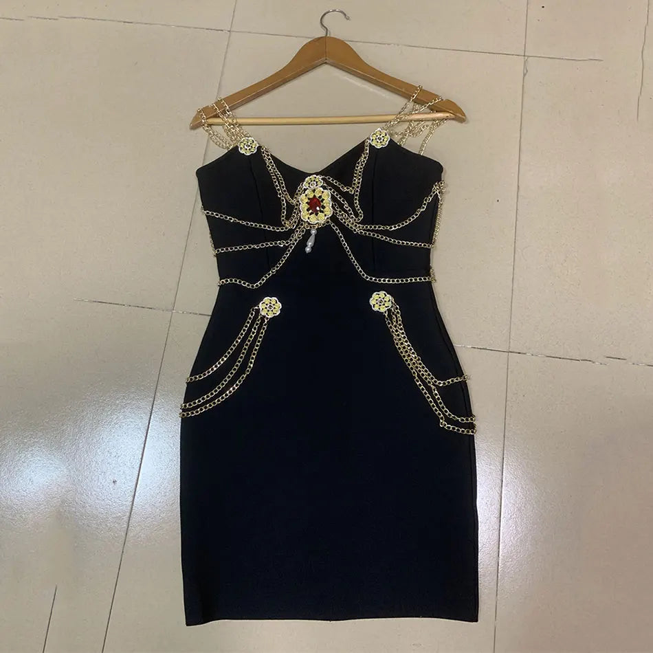 Runway Fashion Maxi Long Bandage Dress Open Fork Chains Strap Fashion Beading Bandage Dress Cocktail Party Bodycon Dresses 2025