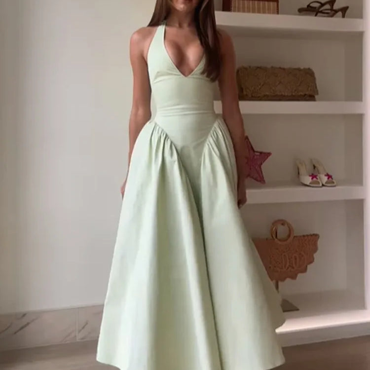 2025 Elegant White O Neck Pleated Hem Maxi Dress Women Fashion Open Back Solid A-line Dresses New Spring Summer Lady Party Robes