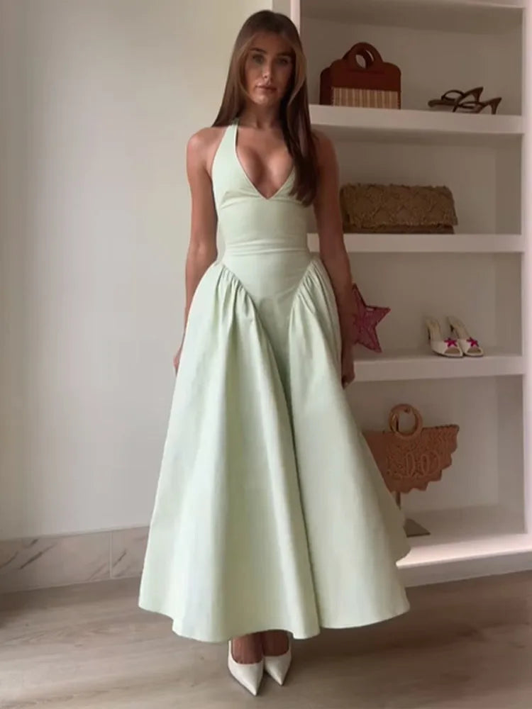 2025 Elegant White O Neck Pleated Hem Maxi Dress Women Fashion Open Back Solid A-line Dresses New Spring Summer Lady Party Robes