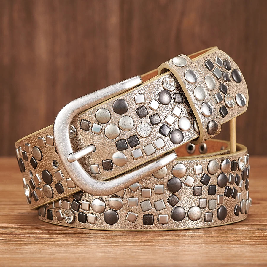 3.7CM PU Leather Rivet Belt Lady Fashion Rhinestone Women Studded Belts Female Rock Female Strap For Jeans Golden