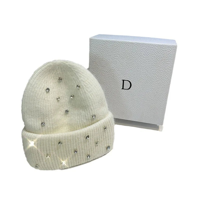 Franch Luxury Rabbit Fur Knitted Hat hinestone Beads Fashion Korean Cap Women Winter Fashion Thickened Warm Beanies