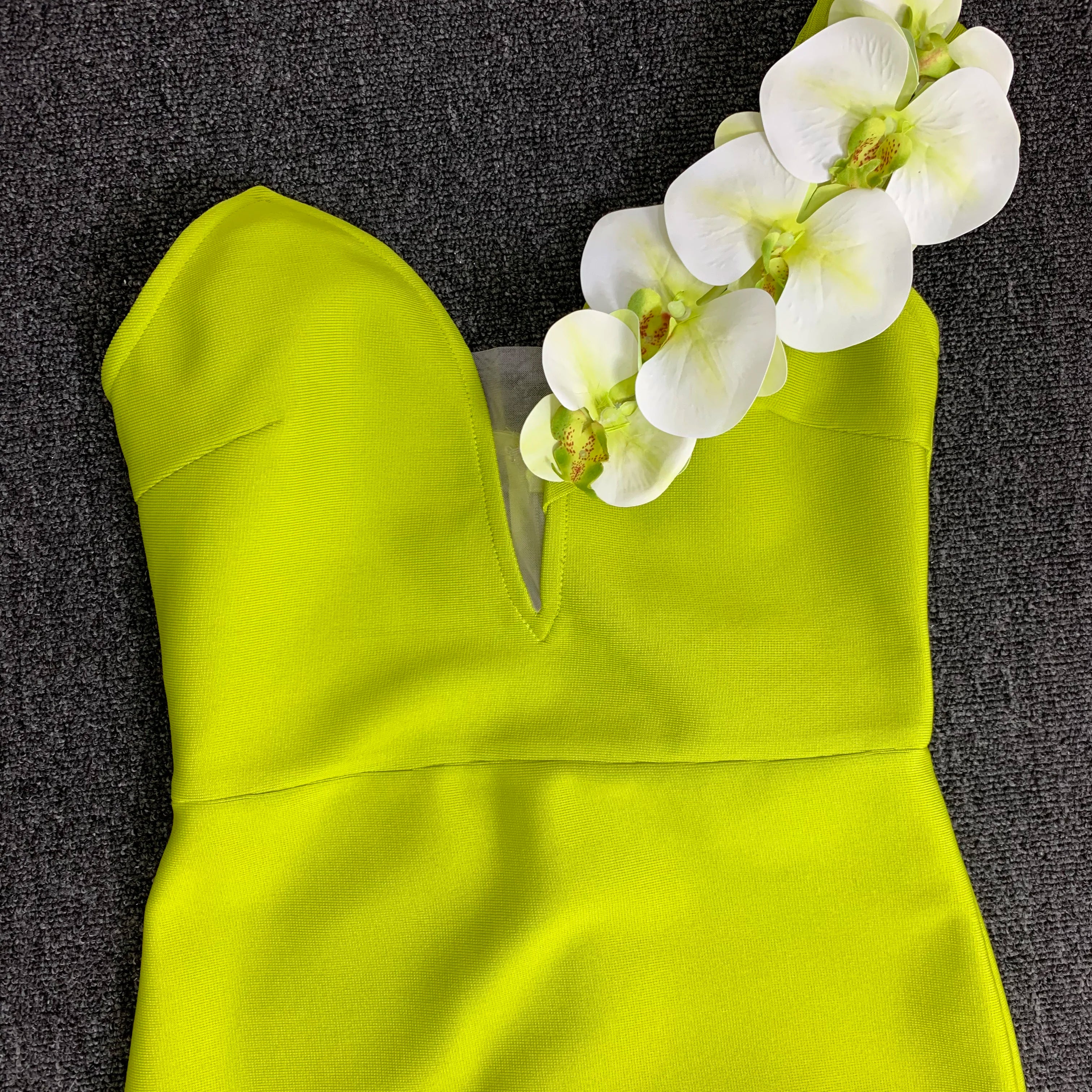 White Moth Orchids One Shoulder Yellow Green Ankle Length Bandage Dress Celebrity Party Evening Dress Woman Voaction Outfit