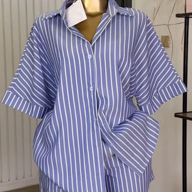 CM.YAYA Fashion Striped Women's Set  Half Sleeve Turn-down T-shirt and Shorts 2025 Summer Chic Two 2 Piece Sets Outfit Tracksuit