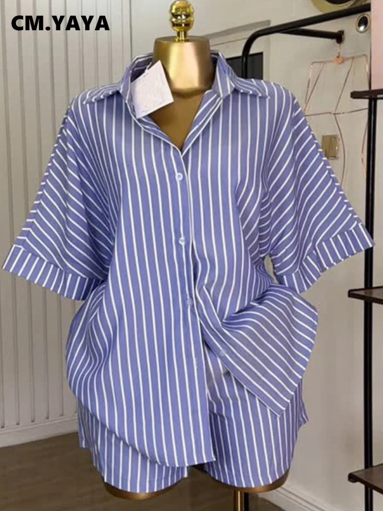 CM.YAYA Fashion Striped Women's Set  Half Sleeve Turn-down T-shirt and Shorts 2025 Summer Chic Two 2 Piece Sets Outfit Tracksuit