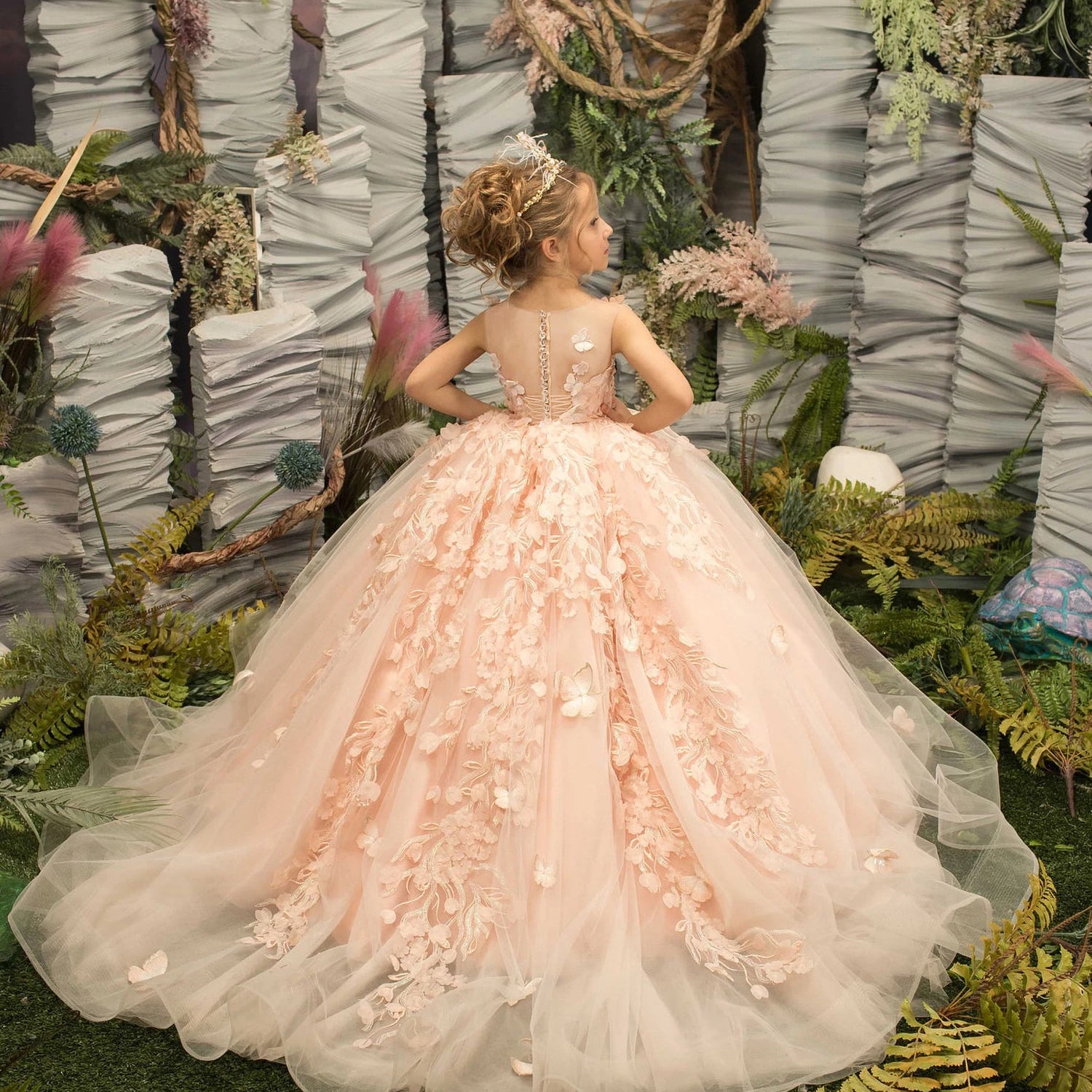 Pearl Pink Lace Flower Girl Dresses For Weddings Floral Tulle Kids Junior Bridesmaid Ball Gown First Communion Dress Wed Party MC2300 Pearl Pink