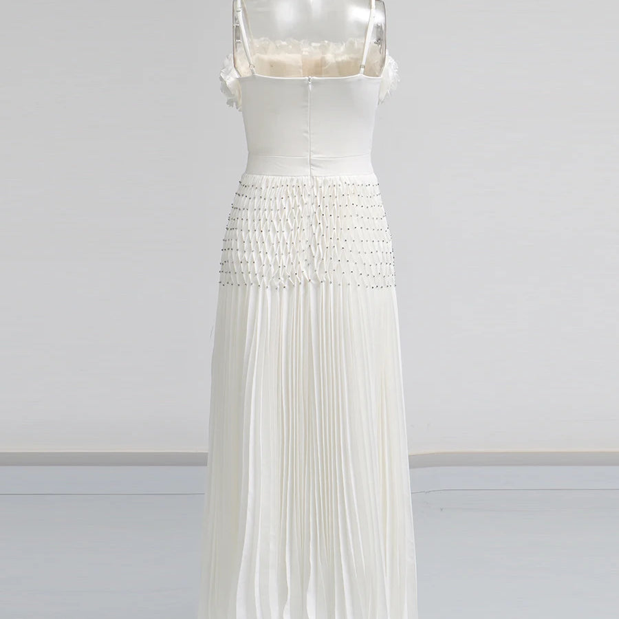 TWOTWINSTYLE Solid Spliced Appliques Elegant Dresses for Women Deep V Neck Sleeveless Patchwork Folds Dress Female Fashion New