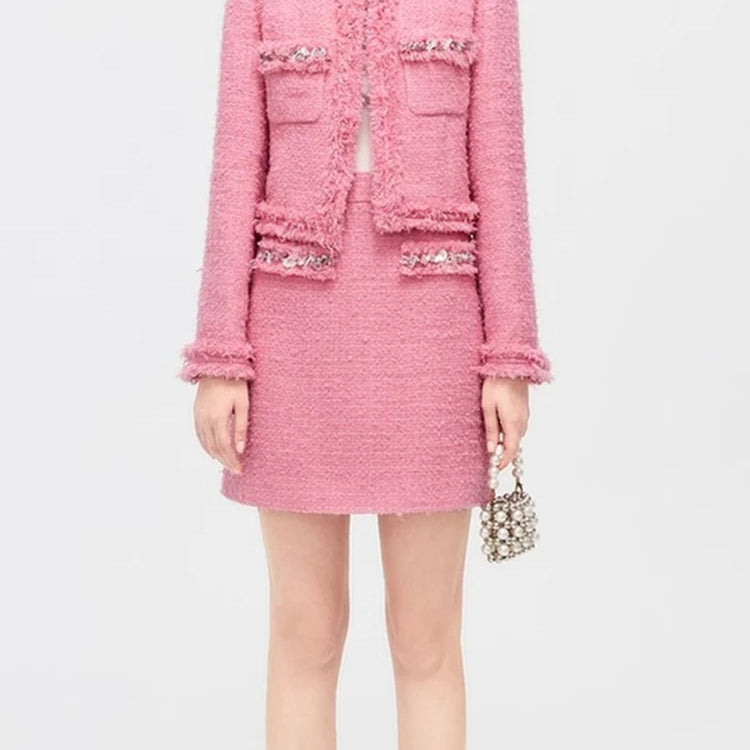 Luxury Style Fashion Diamonds Women's Tweed Woolen Jacket And Skirt Suit Elegant Autumn Winter Office Dress Set 2 Piece Outfits