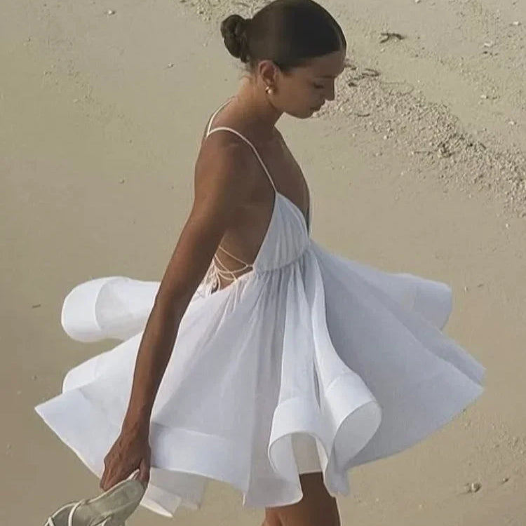 Elegant Yellow Pleated A-line Hem Mini Dress Women Sexy Sleeveless Open Back Lace-up Dresses Summer Lady Holiday Beach Vestidos