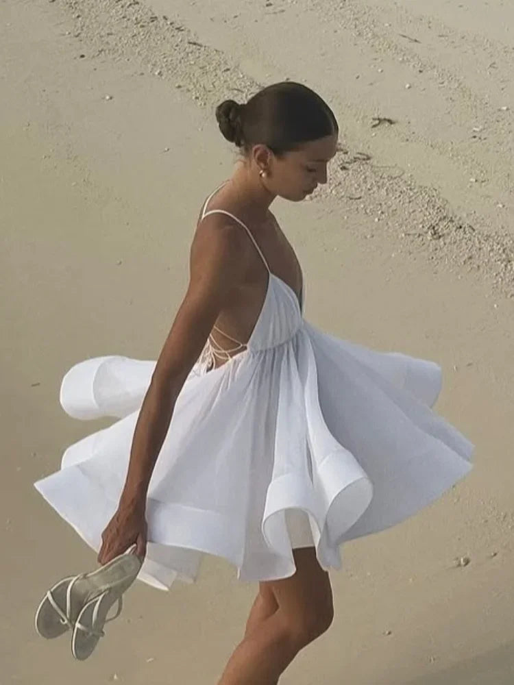 Elegant Yellow Pleated A-line Hem Mini Dress Women Sexy Sleeveless Open Back Lace-up Dresses Summer Lady Holiday Beach Vestidos