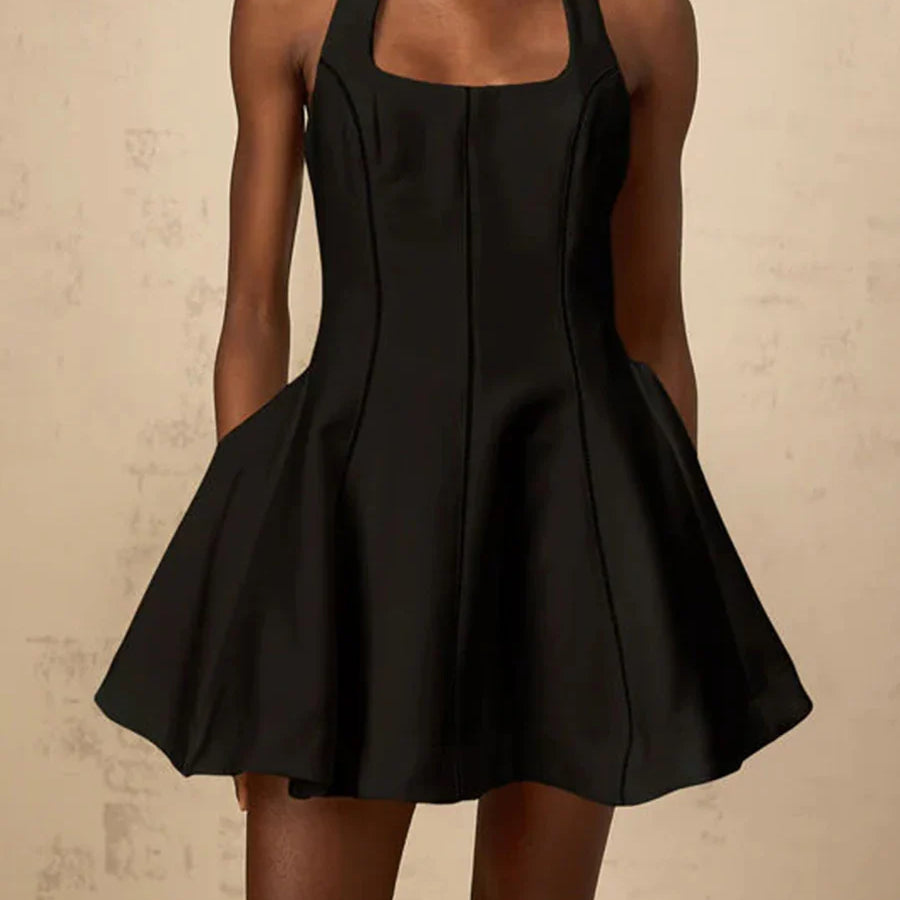 Solid Slimming Fashion Mini Dresses for Women Halter Neck Sleeveless Patchwork Bow Tunic Elegant Dress Female New