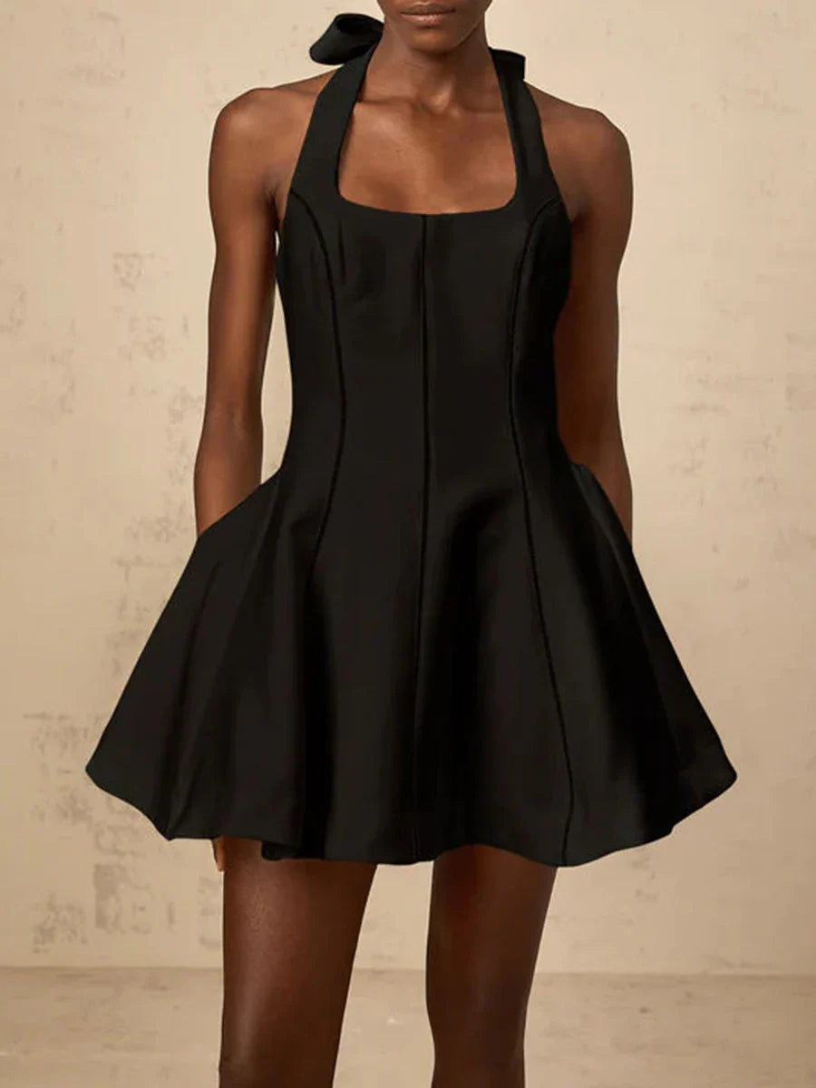 Solid Slimming Fashion Mini Dresses for Women Halter Neck Sleeveless Patchwork Bow Tunic Elegant Dress Female New