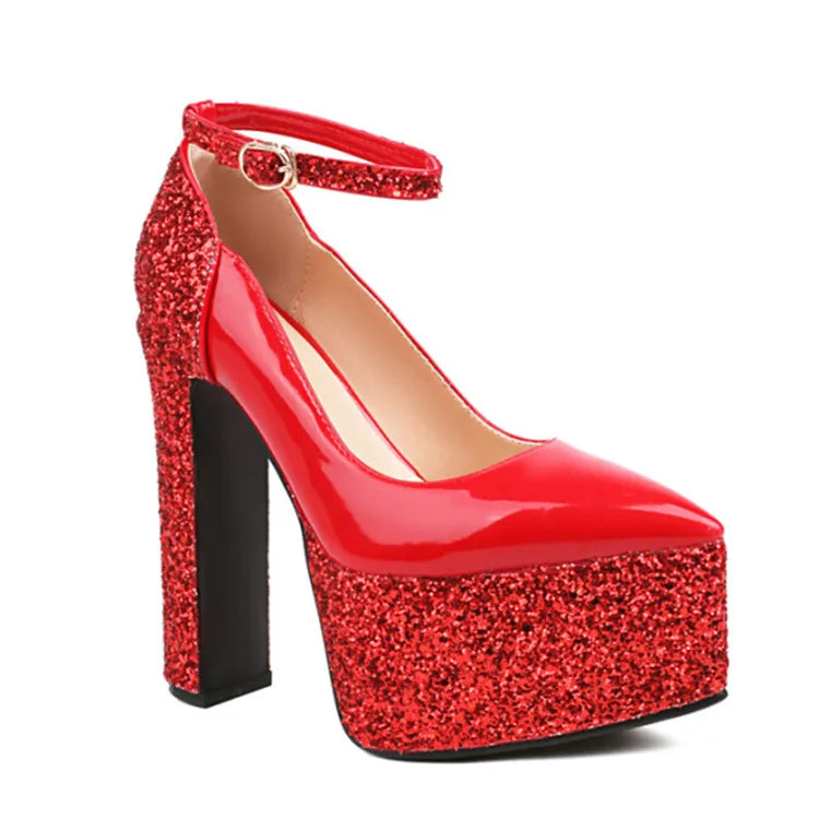 Women's Thick Soles High Heels Fashion Sequins Pointed Elegant Platform Women's Banquet Wedding Party Women's Shoes 55- red