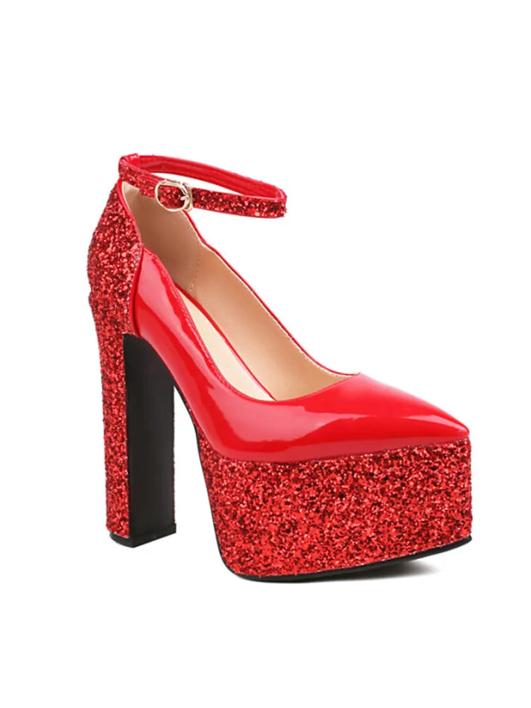 Women's Thick Soles High Heels Fashion Sequins Pointed Elegant Platform Women's Banquet Wedding Party Women's Shoes 55- red