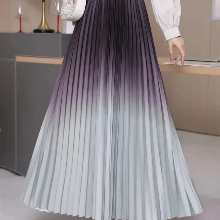 Floor-Length Long Pleated Skirt Women Gradient Color Lengthen Maxi Skirt Women Casual Patchwork Elegant Skirt Female GRAY One Size