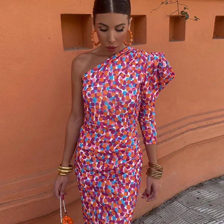Women's Diagonal Shoulder Printed Maxi Dresses Fashion Asymmetric Long Puff Sleeve Dress New Lady Party Club Vestidos