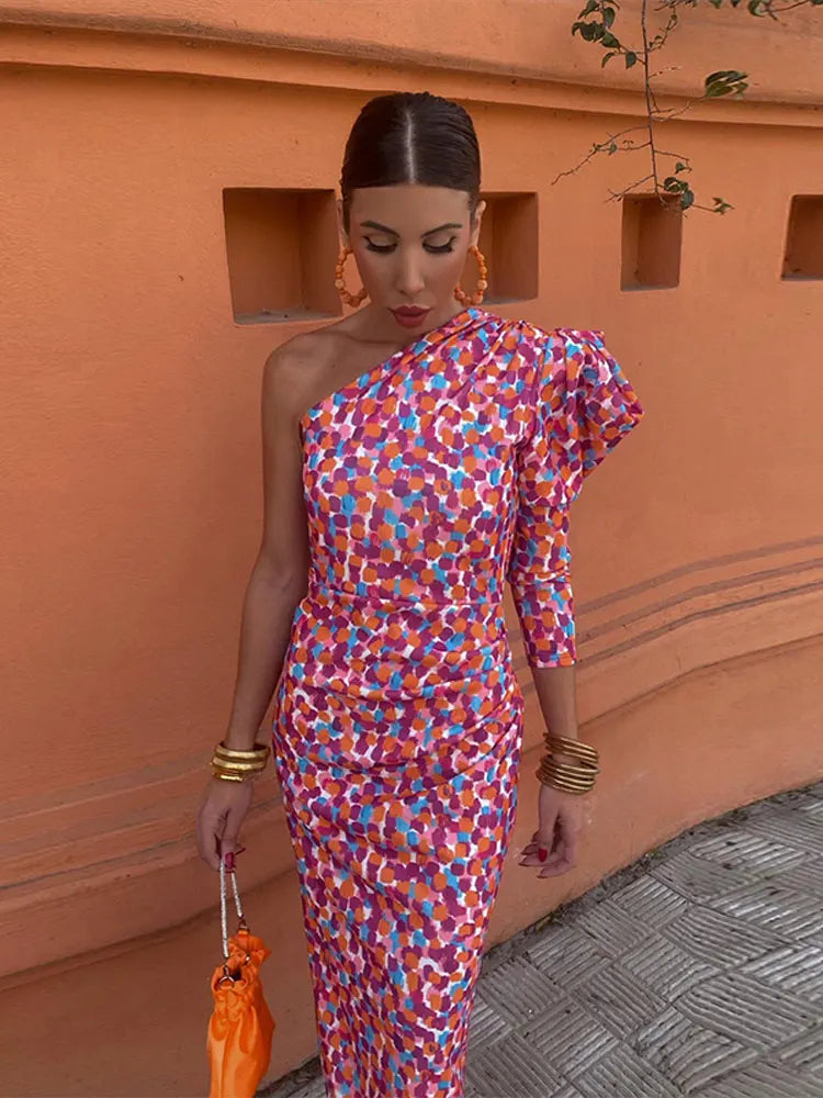 Women's Diagonal Shoulder Printed Maxi Dresses Fashion Asymmetric Long Puff Sleeve Dress New Lady Party Club Vestidos