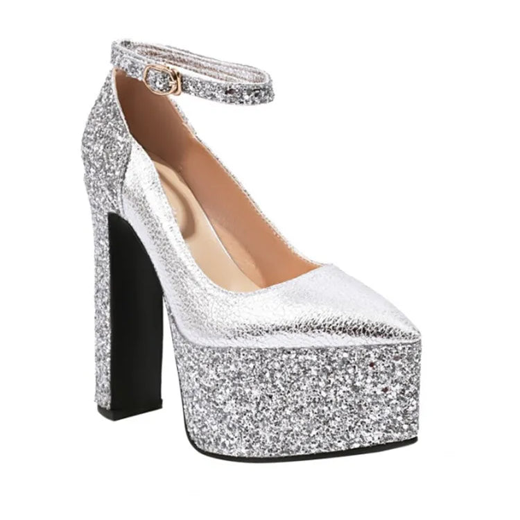Women's Thick Soles High Heels Fashion Sequins Pointed Elegant Platform Women's Banquet Wedding Party Women's Shoes 57- silvery