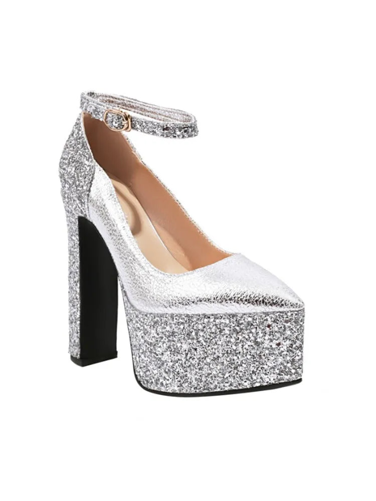 Women's Thick Soles High Heels Fashion Sequins Pointed Elegant Platform Women's Banquet Wedding Party Women's Shoes 57- silvery