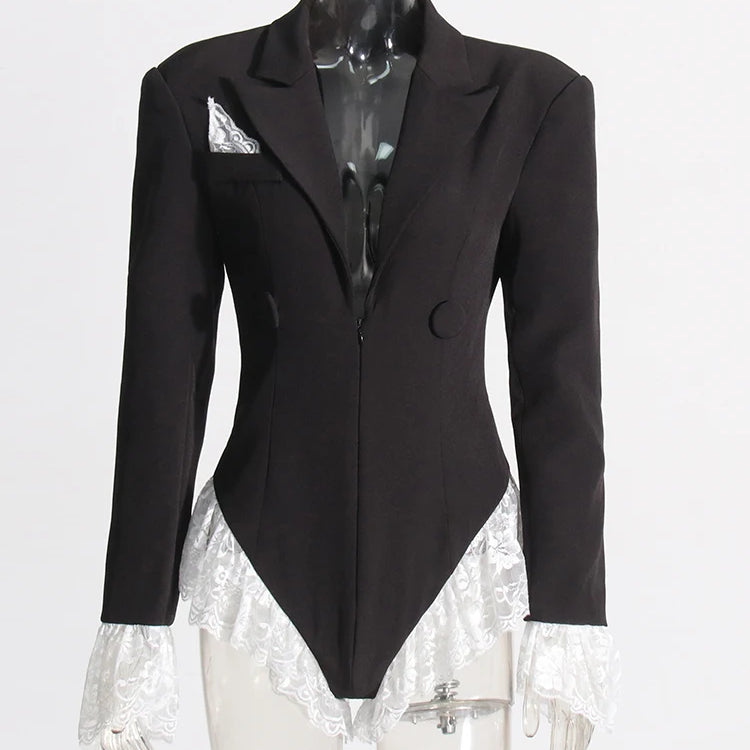 TWOTWINSTYLE Colorblock Spliced Lace Jumpsuits For Women Lapel Long Sleeve Tunic Patchwork Button Slimming Chic Jumpsuit Female