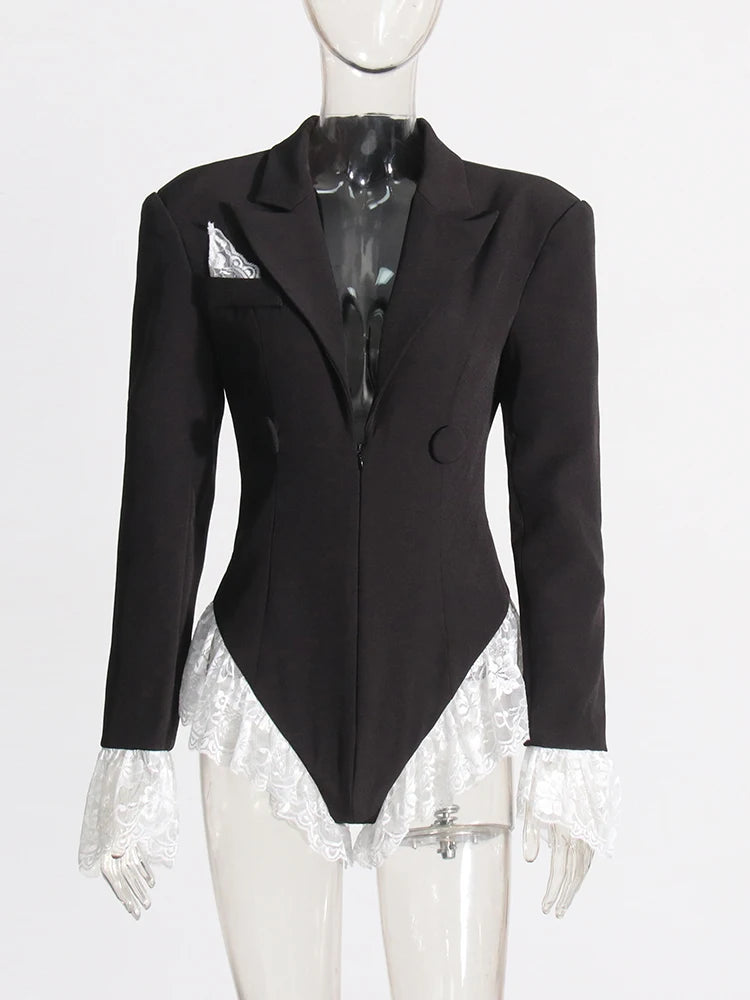 TWOTWINSTYLE Colorblock Spliced Lace Jumpsuits For Women Lapel Long Sleeve Tunic Patchwork Button Slimming Chic Jumpsuit Female