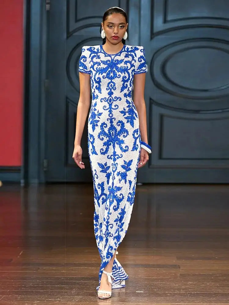 Ailigou Women's Sexy Short sleeved Blue and White Porcelain Printed Tight Long Bandage Dress Elegant Celebrity Party Dress