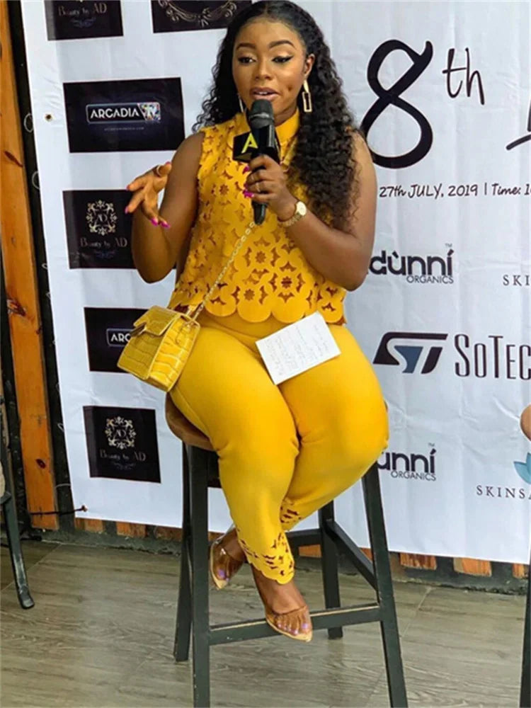 Wmstar Women Two Piece Set Plus Size Summer Fashion Sleeveless Casual Outfits Solid Color Holiday Long Pants Office Streetwear