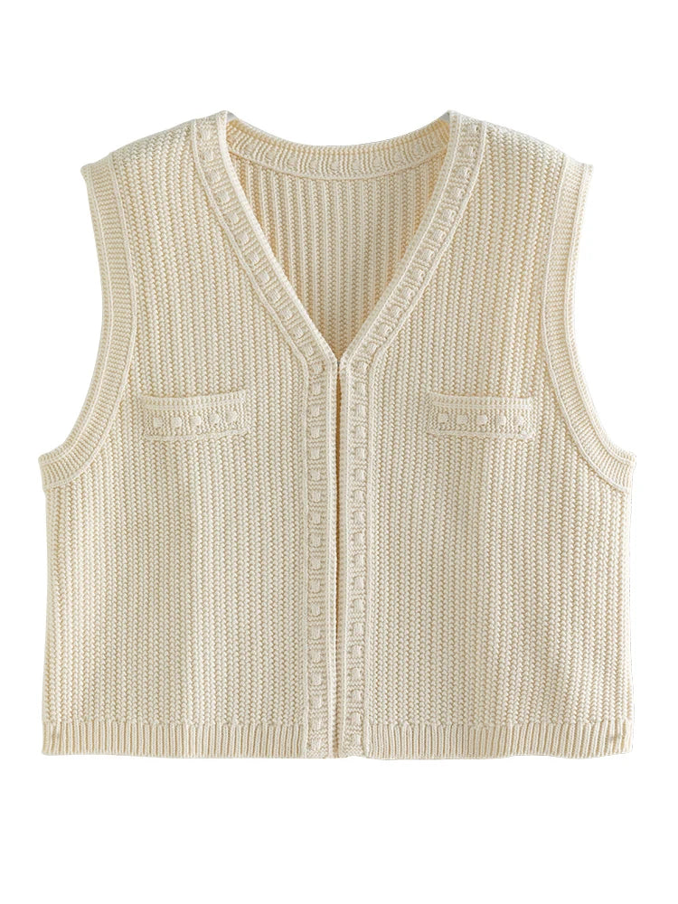 French Country Style V-neck Cable Knitting Vest for Women Early Autumn New Simple Temperament Loose Vest for Female