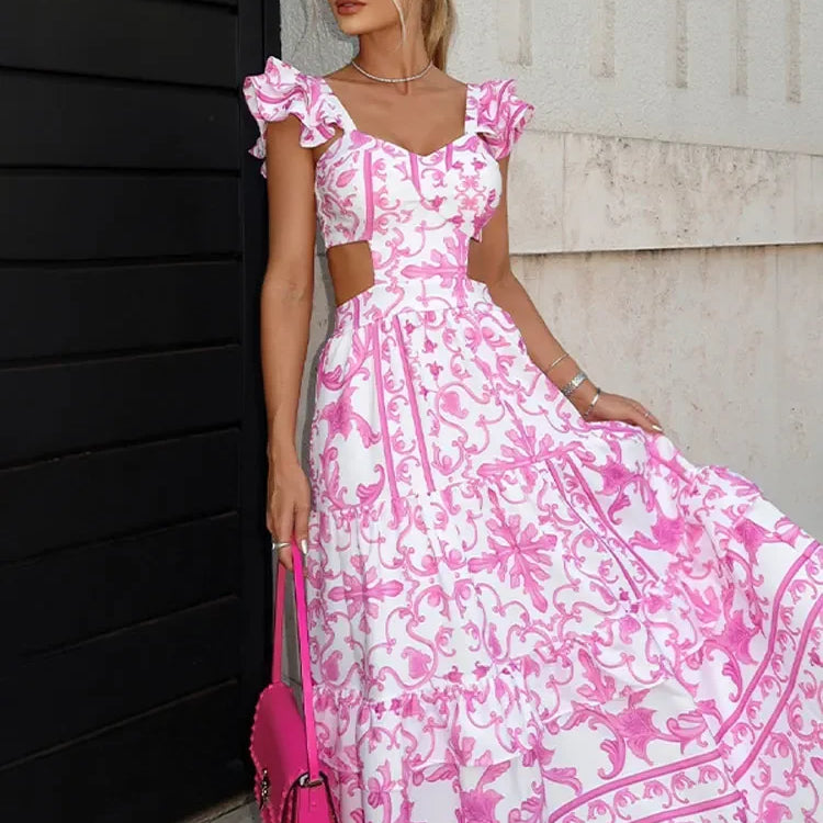 Shoulder Pads Print Hollow Out Maxi Dress Bohe Square Neck Flying Sleeve Backless Dresses Lady Chic Beach Holiday Robes