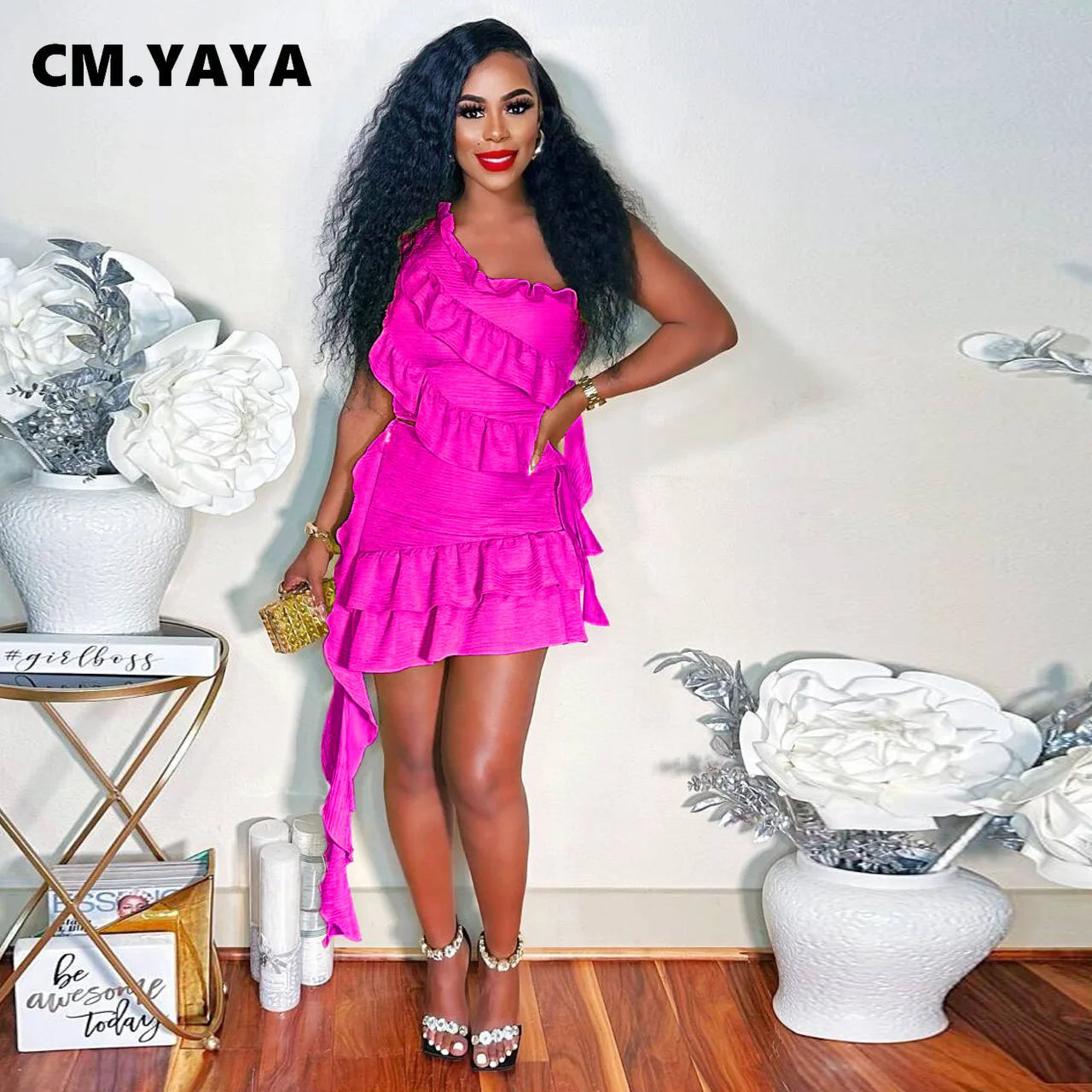 CM.YAYA Women Set Sleeveless One Shoulder Ruffles Tops and Mini Skirt Suits 2024 Sexy Cute beach Street Two 2 Piece Set Outfits