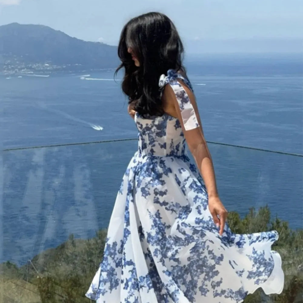 Pink Skyblue Color Women Sleeveless Square Collar A-Line Long Maxi Dress Celebrate Summer Vacation Beach Style Birthday Dress