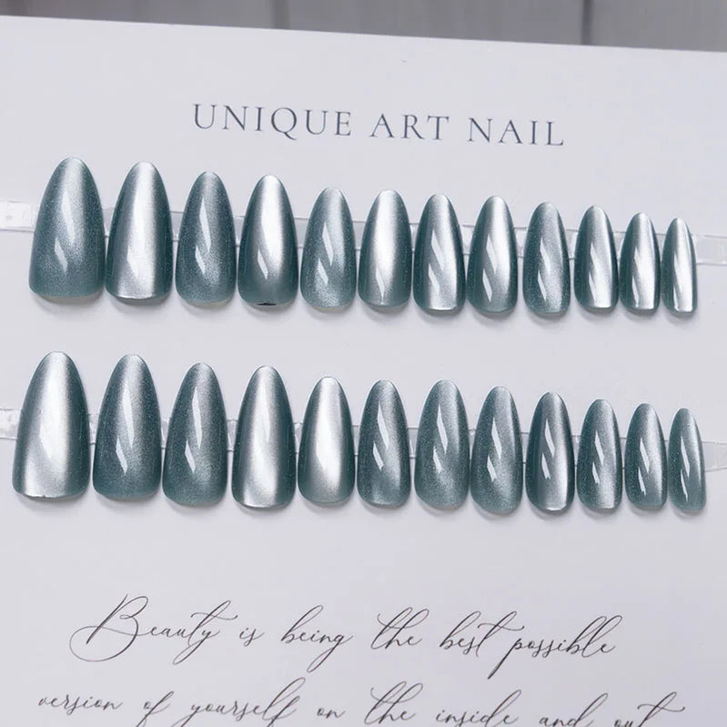 Glossy Cat Eyes Fake Nails Full Cover Almond Black Press on Nail Women Girls DIY Manicure Simple Wearable False Nails Tips 24Pcs