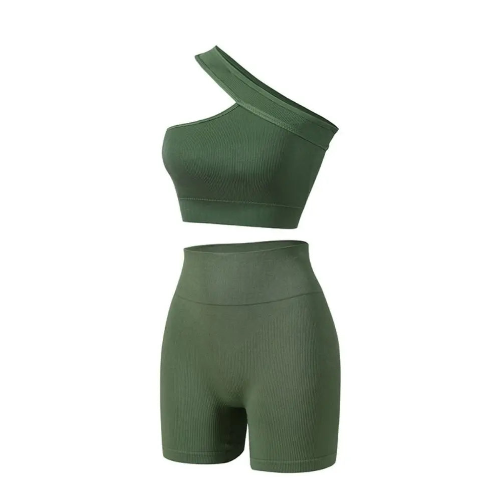 2Pcs Seamless Women Workout Sets Casual High Waist One Shoulder Yoga Outfits Tank Tops Ribbed Sports Bra Gym Green
