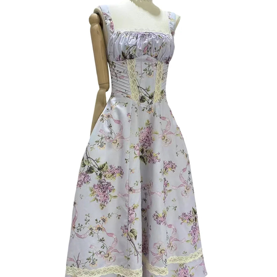 TWOTWINSTYLE Printing Hollow Out Spliced Lace Elegant Dresses for Women Square Neck Sleeveless Patchwork Pockets Dress Female