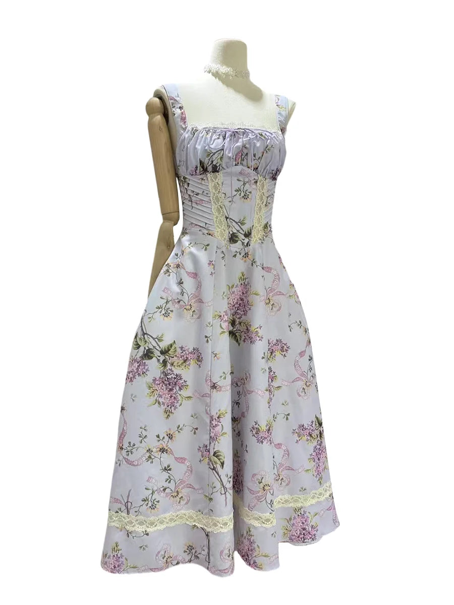 TWOTWINSTYLE Printing Hollow Out Spliced Lace Elegant Dresses for Women Square Neck Sleeveless Patchwork Pockets Dress Female