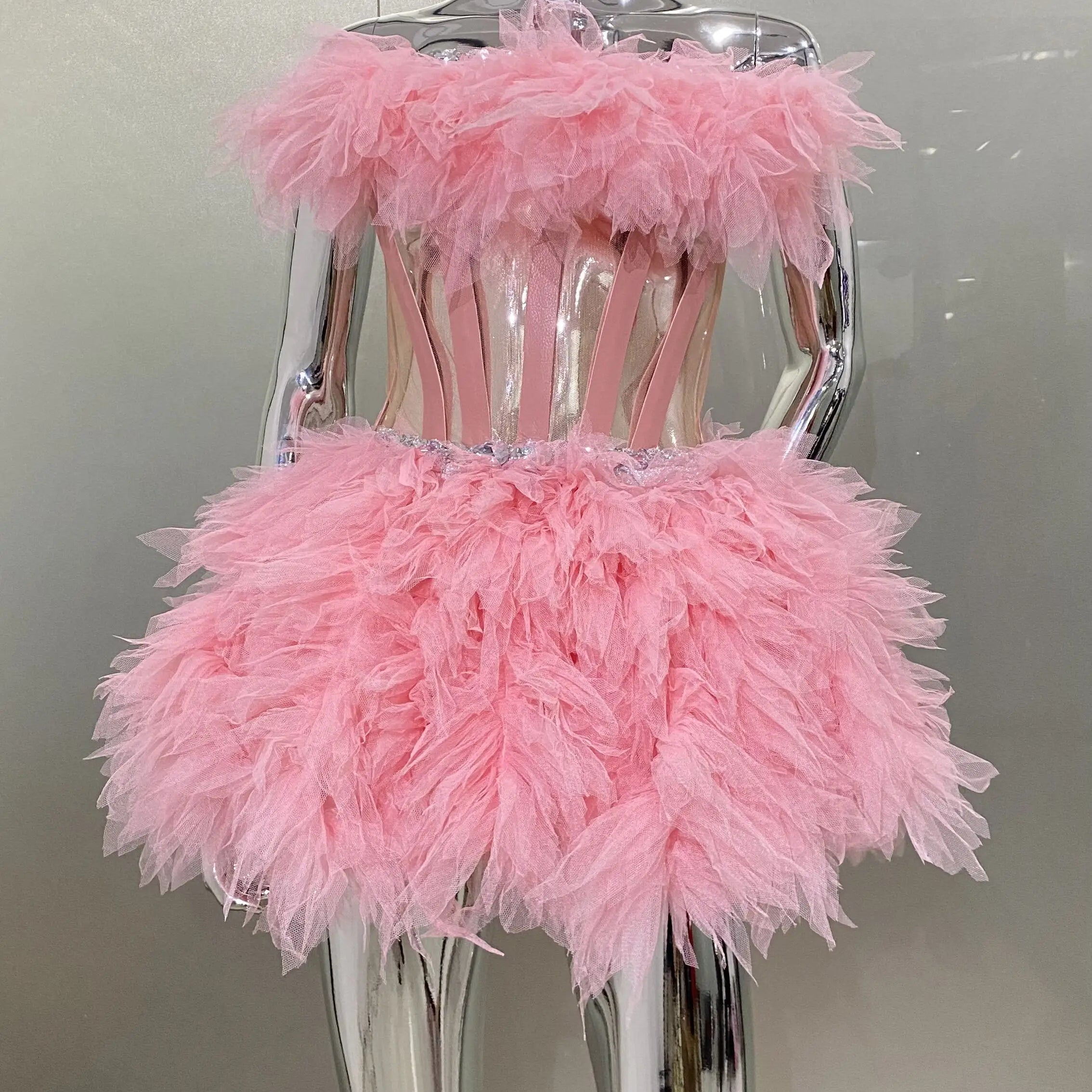 Pink Sweet Woman Set Sparkling Crystal Strapless Top And Mini Puffy Skirt 2 Pieces Birthday Party Vestido Performance Costume