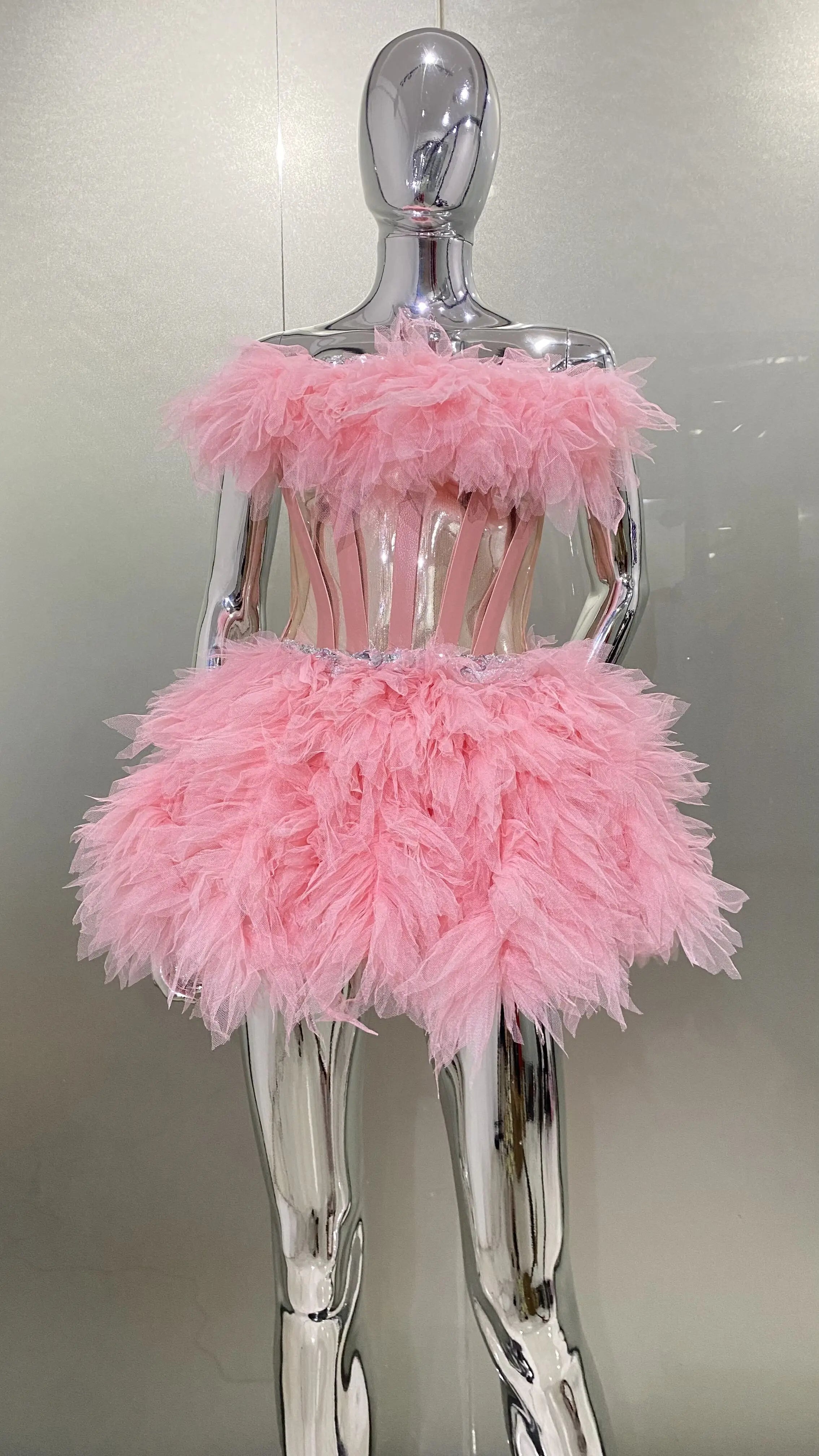 Pink Sweet Woman Set Sparkling Crystal Strapless Top And Mini Puffy Skirt 2 Pieces Birthday Party Vestido Performance Costume