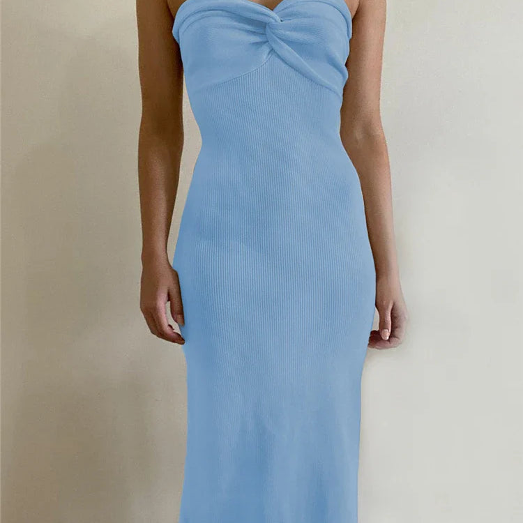 Tossy Strapless Knit Maxi Dresses For Women Summer Beach Party Bodycon Dress Off-Shoulder Twist Knitting Evening Backless Dress Sky blue
