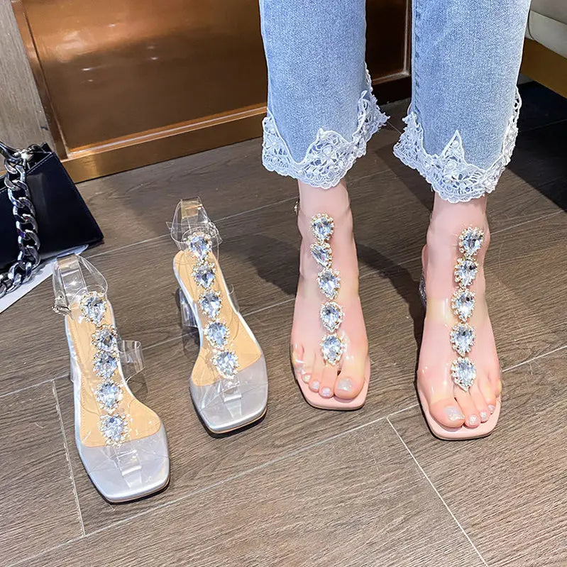 Plastic Sandal Block Heels Summer Sale Of Women's Shoes Suit Female Beige Buckle Strap All-Match Transparent Chunky Fashion