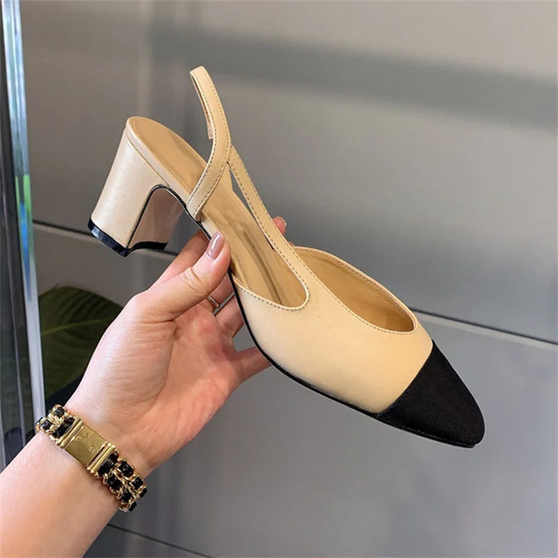 Apricot Women Pumps Mid Heel Mixed Colors Round Toe Casual Shoes Ladies Sandals Party Dress Slingbacks Women's Shoes Trend