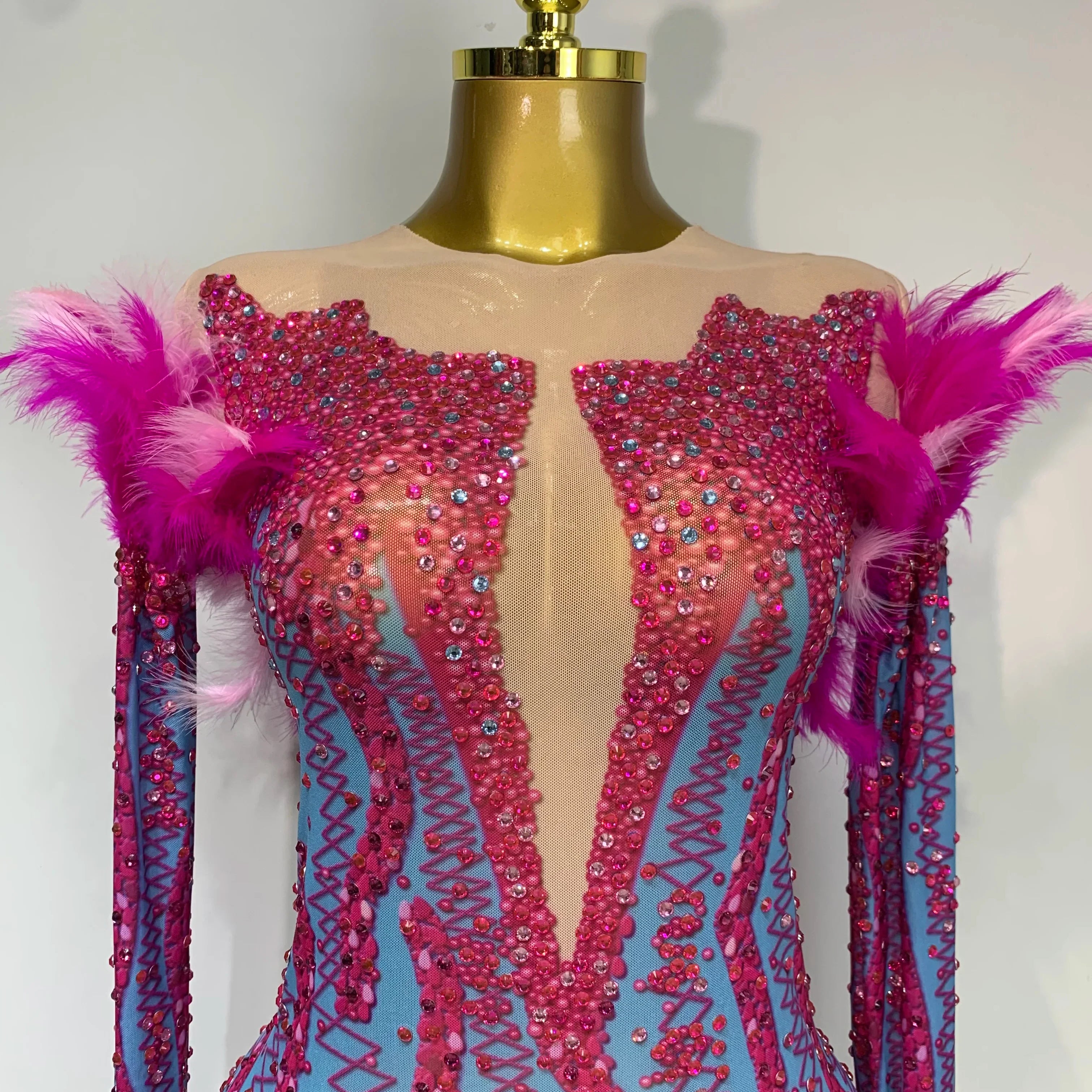 Women Sexy Mesh See Through Diamond Feather Dress  Elegant Evening Party Luxury Birthday Nightclub Performance Stage Costume