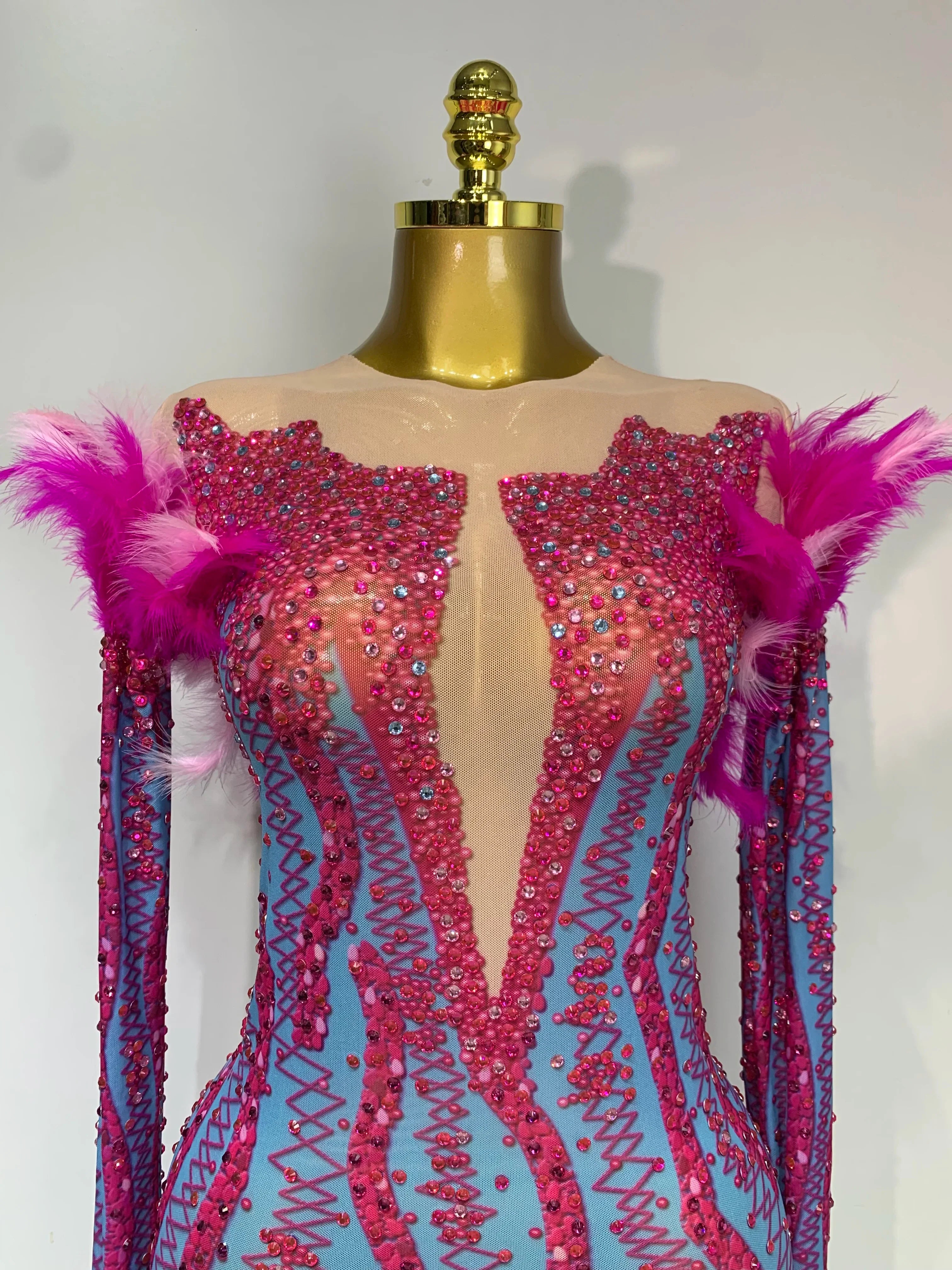 Women Sexy Mesh See Through Diamond Feather Dress  Elegant Evening Party Luxury Birthday Nightclub Performance Stage Costume