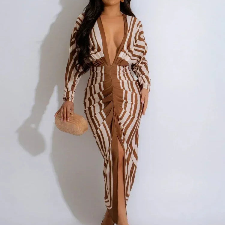 CM.YAYA 2024 Autumn V-neck Ruched Stacked Midi Dress Women Full Sleeve Print Bodycon Night Club Party Bandage Dresses Vestidos