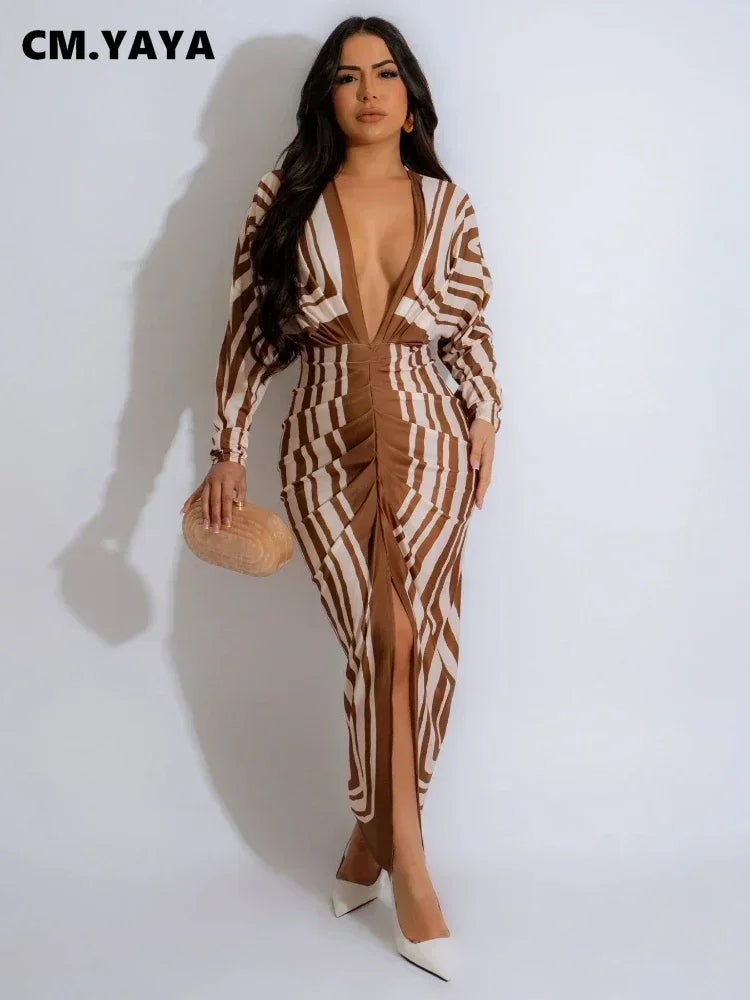 CM.YAYA 2024 Autumn V-neck Ruched Stacked Midi Dress Women Full Sleeve Print Bodycon Night Club Party Bandage Dresses Vestidos