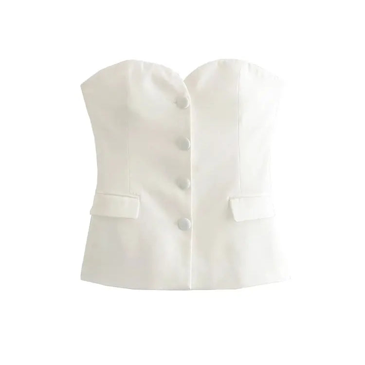 Nlzgmsj TRAF Black Crop Top Women Sexy Spliced Corset Top Female Heart Collar Backless Tops for Women Strapless Tube Tops Woman White