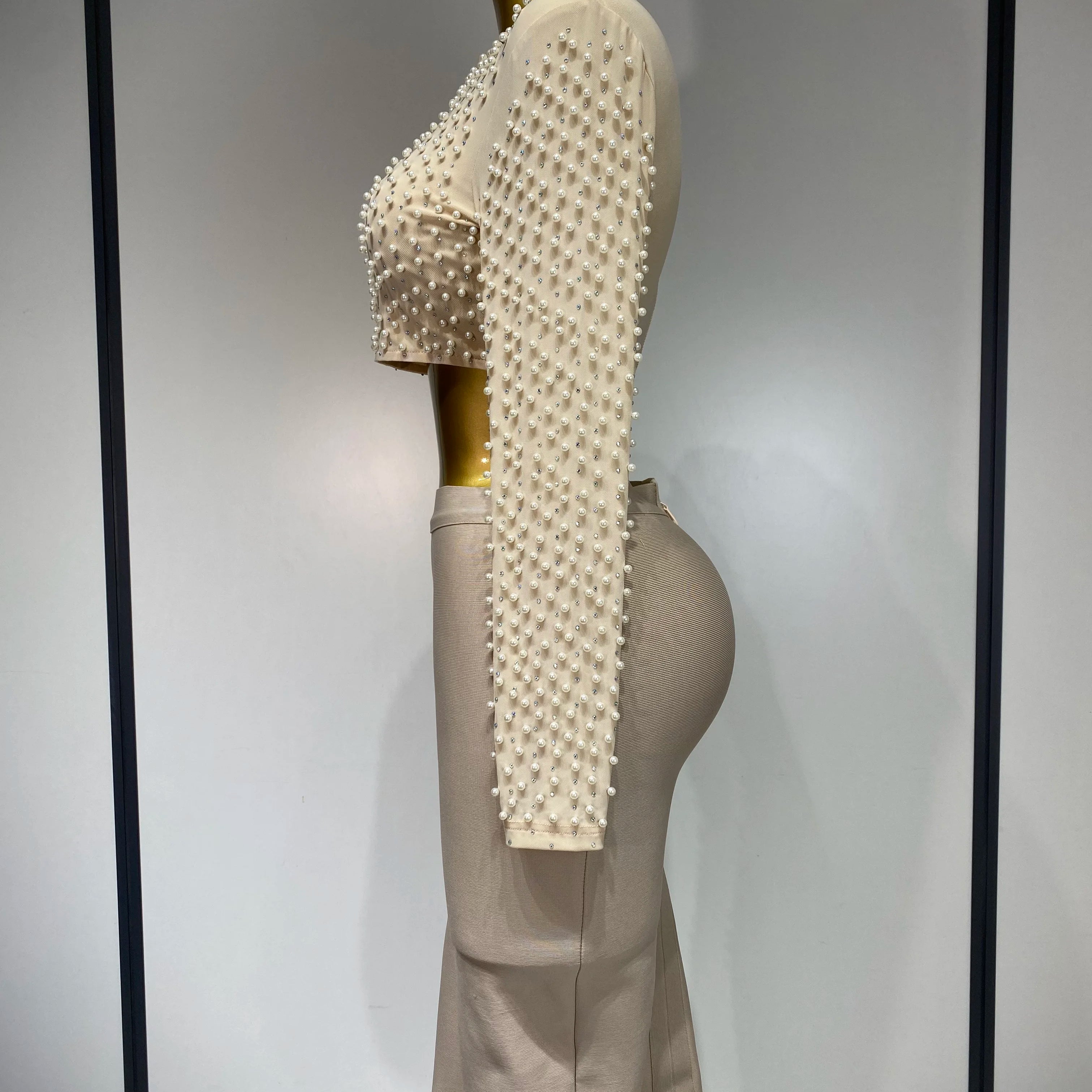 Women Sexy Long Sleeve Mesh Pearl Top Celebrity Midi Women Bandage Set 2025 Designer Evening Party Luxury Birthday Two Piece Set