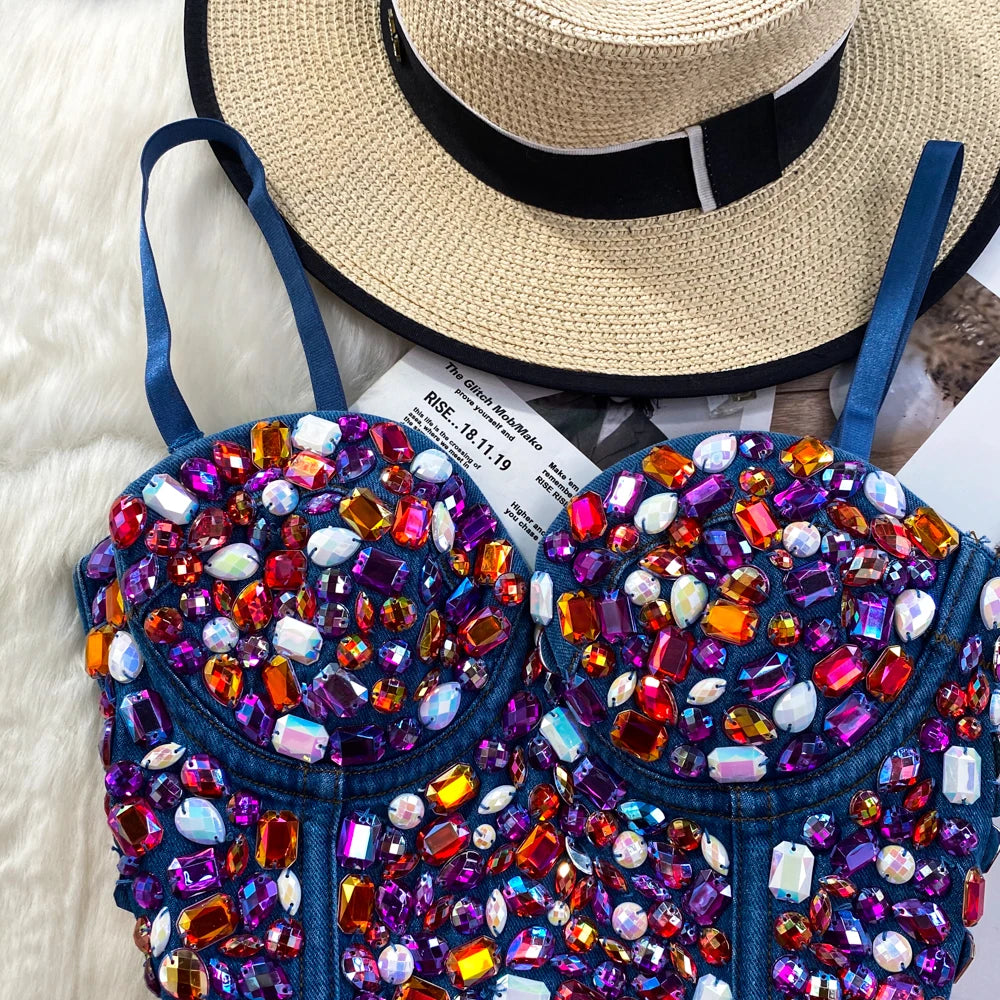 Punk Corset camisole women high waist Tube top short crop tops fashion Sparkly diamond Sequins party clubwear tank tops women