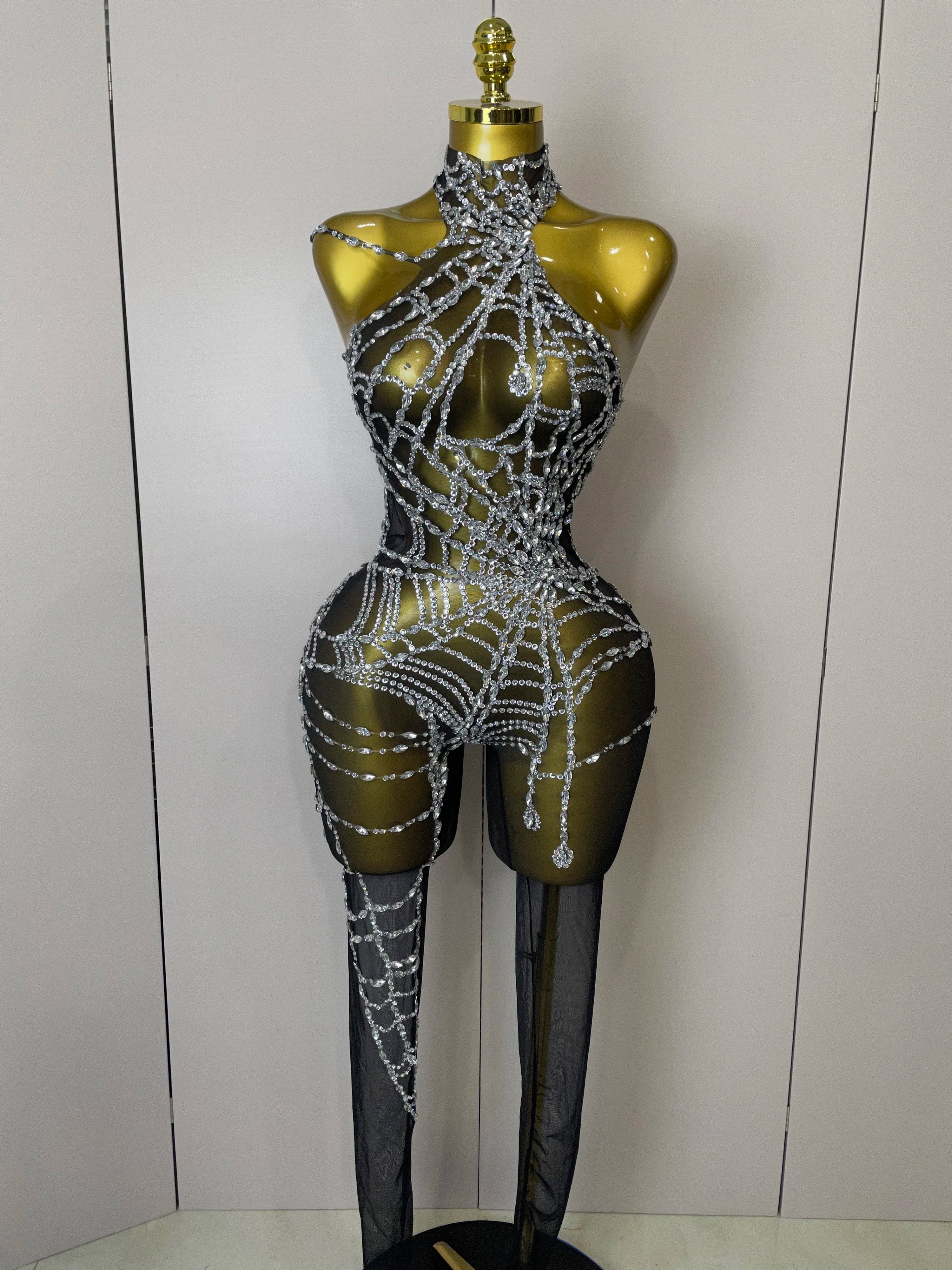 STOCK 2025Women Sparkly Diamond Sexy Mesh Jumpsuit Nightclub Bar Party Show Gogo Dancer Clothing Drag Queen Outfit Stage Costume