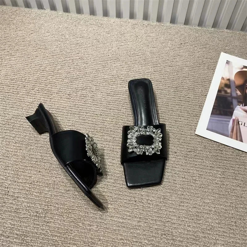 Elegant S Slippers Women's Open Toe Flat Heel Slip-on Muller Shoes Crystal Slippers Brand Rhinestone Square Buckle Sandals Mujer